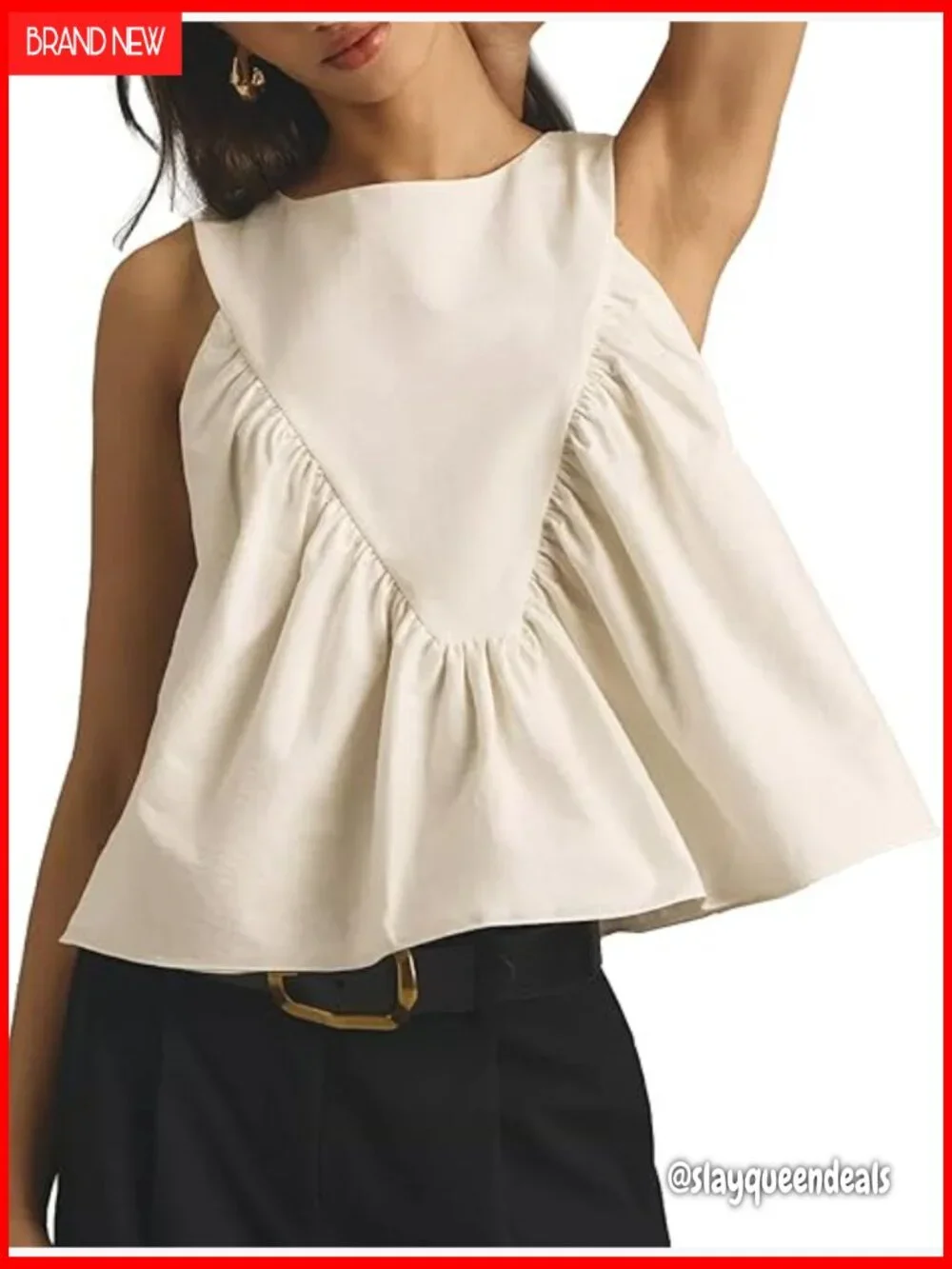 Peplum Babydoll Top Shirred Swing Tank Tops Pleated Flowy Loose Fit Ruffled Vest - Picture 1 of 7